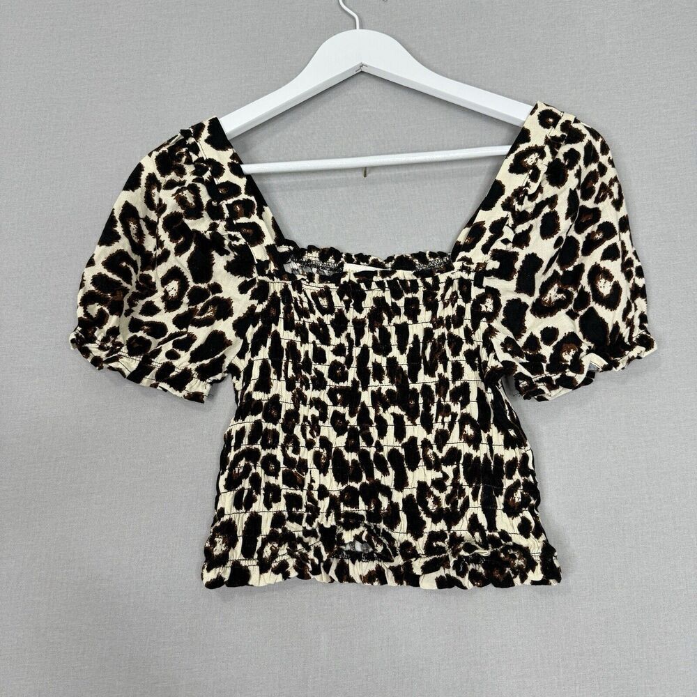 Monteau Womens Top Small Brown Linen Blend Leopard Smocked Puff Sleeve Crop Boho